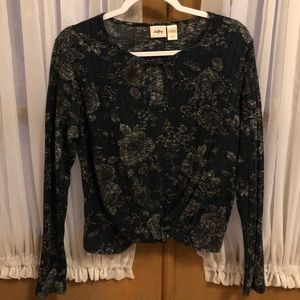 Blue floral long sleeved knot front top.